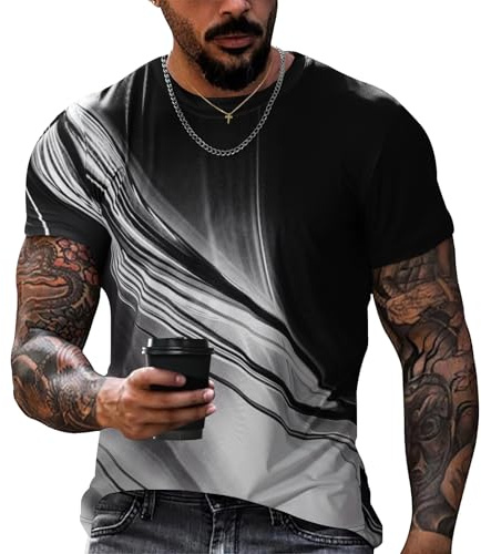 CMTOP Maglietta Uomo Estive Manica Corta Girocollo Maglietta Casual Maglia Moda Vintage Stampa Ampia Top Basic T-Shirt (Nero, L)
