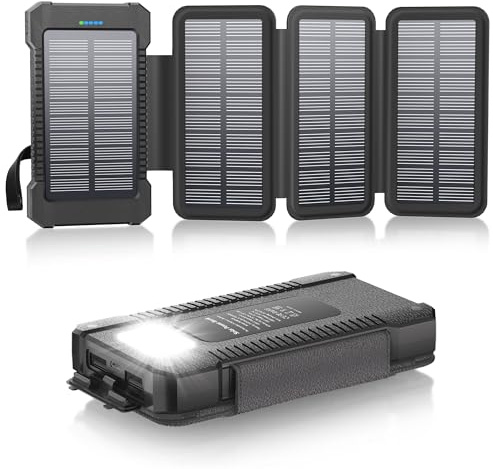 Banca di energia solare da 26800 mAh con 4 pannelli solari, batteria portatile USB-C a ricarica rapida per telefoni, batteria esterna impermeabile IPX7 con torcia elettrica