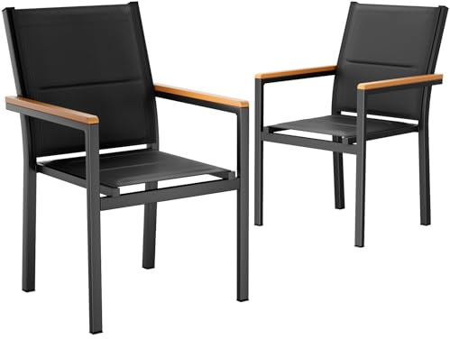 LIFERUN Lot de 2 chaises de jardin empilables en aluminium, avec dossier et assise matelassés, main courante en WPC, pour jardin, terrasse, balcon, piscine, restaurants, noir