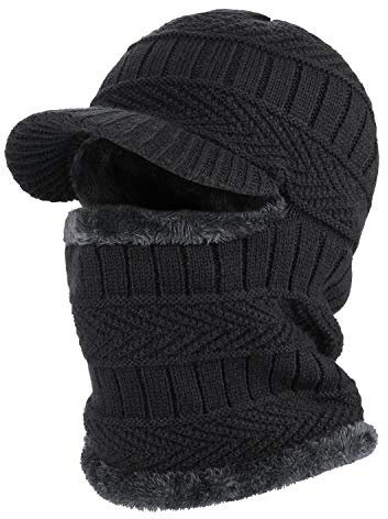 TAGVO Winter Unisex Knitted Balaclava Face Mask Cover Thick Warm Fleece Lining Beanies Hat Elastic Neck Warmer, Windproof Thermal Skiing Mask for Adults Outdoor Sports A-Black