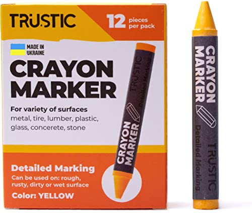 Universal Crayon Wax Marker for Industrial and Craft Detailed Marking on Lumber Metal Carton Ceramics Concrete Glass Plastic Tire 4 x 1/2, Pack of 12 (Yellow)