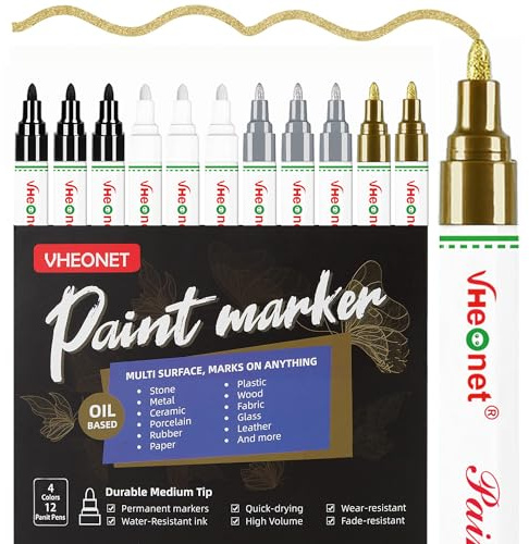 VHEONET Paint Markers,4 Colors Oil-Based Waterproof Quick Dry Permanent Paint Pens for Metal, Wood, Fabric, Plastic, Canvas, Glass, Rock, Tire, DIY Craft (Metallic Gold,Metallic Sliver,Black,White)