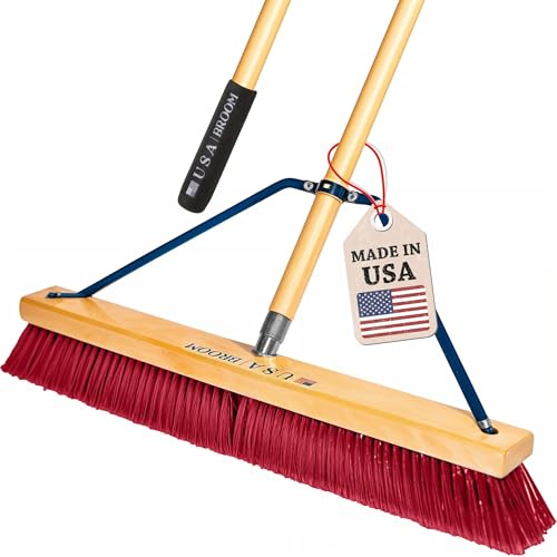 24 Red Everyday Sweep Indoor/Outdoor Push Broom with 60 Handle. Ideal for Garages & Shops. Durable American Made Steel Brackets-All Stainless Steel Hardware. No Plastic. 100% USA Made