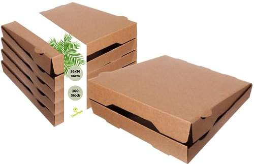 DeinPack Pizzakarton 36x36x4 cm | Pizzaschachtel Karton für Pizza I Pizza-Boxen 36x36x4 cm |Pizza-Kartons 100 Stück I Kompostierbare Verpackung Pizza-Box Quadratisch Recyclingkarton Braun