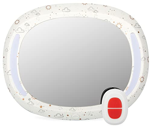 Nuby LED Light Backseat Baby Car Mirror with Remote Controlled Light, Wide View Shatter Resistant Mirror, Adjustable, White Cloud
