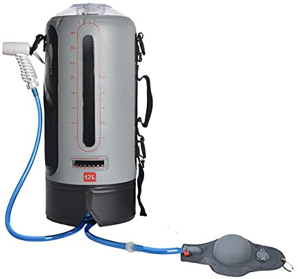 12L Portable Shower Bag, Camping Shower Packet with Pressure Foot Pump,Water Level Window and Storage Bag, Leak Proof Solar Shower, for Beach Camping Swim Travel Hiking Trip