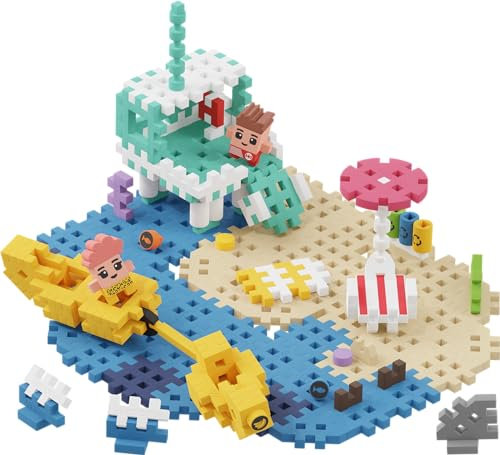 Marioinex Mini Waffle City Beach Satz mit 148 Elemente und 2 Figuren - Steckspiel ab 4 Jahre - Waffelbausteine Kinder - Building Blocks for Kids - Konstruktionsspielzeug - Montessori Bausteine