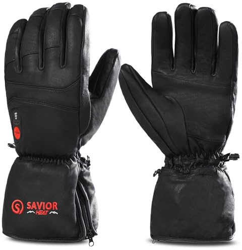 SAVIOR HEAT Guanti Riscaldati in Pelle di Capra Uomo Donna, Guanti da Sci a Batteria Ricaricabili Elettrici, Guanti Caldi per Moto Invernale Snowboard Escursionismo Ciclismo Corsa Camminata