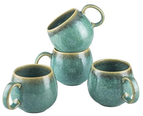 HENXFEN LEAD Cappuccinotassen Set Keramik, 600ml Kaffeetassen mit Henkel, 4er Porzellantassen für Tee Kaffee Milch Cappuccino - Glänzend Grün