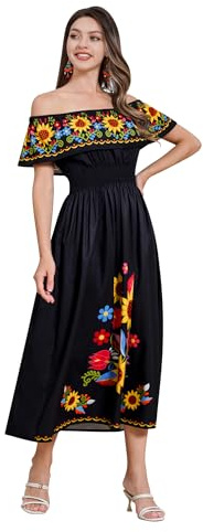 Odizli Robe d'été longue pour femme - Style bohème mexicain - Épaules dénudées - Fleurs - Lignes A - Robe maxi, Noir , S