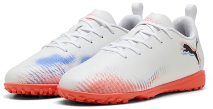 PUMA Future 8 Play Tt Jr Fußballschuh für Kinder, Unisex, Puma Weiß, PUMA Schwarz, leuchtendes Rot, 38.5 EU