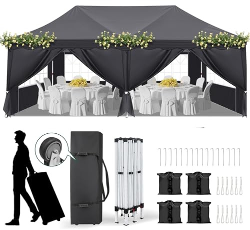 LEADZM Pavillon,Faltpavillon 3x6m,Wasserdicht,Stabil,Nachahmungsspitze,UV Schutz 50+,Höhenverstellbar,4 Sandsäcken,6 Seitenwänden,Gartenzelt,Partyzelt,Stahlrahmen,für Garten,Party,Camping,Dunkelgrau