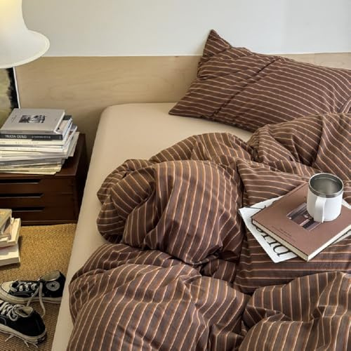 Lanqinglv Ropa de cama de 220 x 240 cm marrón a rayas de microfibra, juego de ropa de cama con certificado Öko-Tex, funda nórdica con cremallera y 2 fundas de almohada de 80 x 80 cm