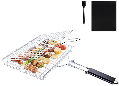 Panier Grille pour Barbecue - Panier de Barbecue en Acier Inoxydable Avec Poignée Amovible & Brosses en Silicone pour Poissons, Légumes, Crevettes & Steak
