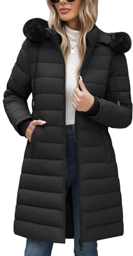 Yuson Girl Abrigos Mujer Invierno Abrigo Acolchado con Capucha Térmico Grueso Chaqueta Forro Polar Largo Elegante Cazadora Cremallera Parka Viento Outwear con Bolsillos(Negro, M)