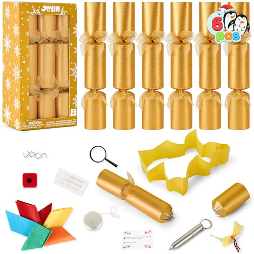 JOYIN 6 Stück Knallbonbons für Weihnachten großes goldenes Weihnachts-Partyspielzeug ohne Druckknopf, Tischgeschenk-Set ohne Druckknopf mit Scherzmütze und Geschenken, lustige Weihnachtsgeschenke