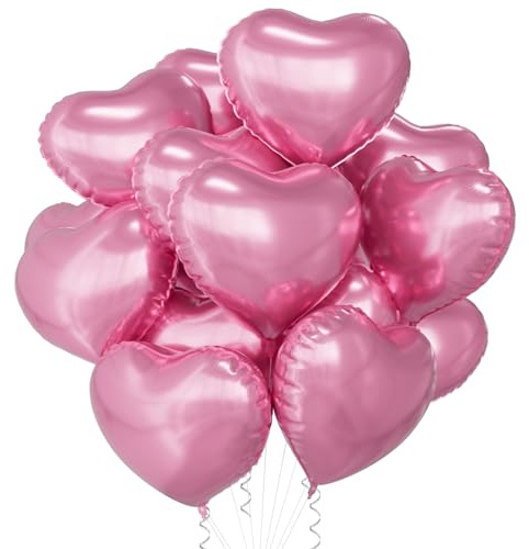 SULALABOO 15Pcs Pink Heart Balloons Helium 18 Inch, Heart Shaped Foil Balloons for Valentines Day Mother's Day Engagement Anniversary Birthday Bridal Wedding Party Decorations