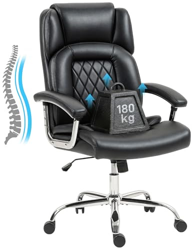 HOMCOM Big and Tall Office Chair 180kg, Executive PU Leather Desk Chair with Spring Cushion, Wide Seat, High Back, Adjustable Height, Swivel Wheels, Built-in Headrest, Tilt Function, Black