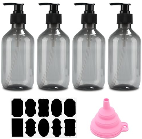 4 stycken tvåldispensrar, 300 ml fyllning, duschgeldispenser, pumpdispenser, påfyllningsbara pumpflaskor, tomma schampoflaskor för dusch, lotioner, schampo + tratt och etikett (grå)
