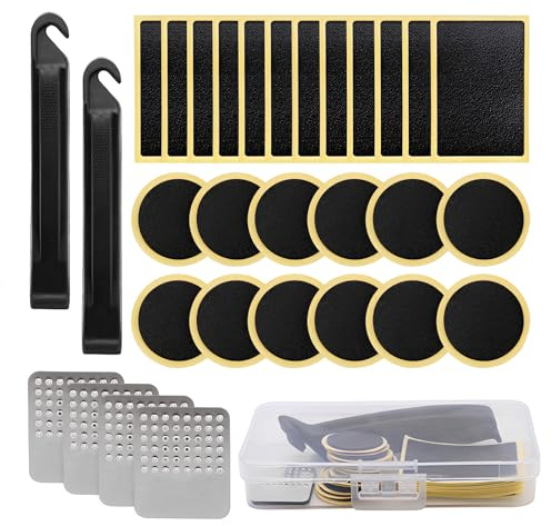 30 Pezzi Kit Riparazione Bici con Toppe Senza Colla, Set Riparazione Pneumatici con Leve Smontagomme, per Bicicletta MTB, E-Bike, Moto