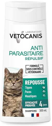 Vetocanis | Shampoing pour Chat | Shampoing Anti-puces et Anti-tiques Répulsif | Formulé sous Contrôle Vétérinaire | sans Parabène ni Silicone | Extrait de Plantes | Pour tous Types de Poils | 300 ml