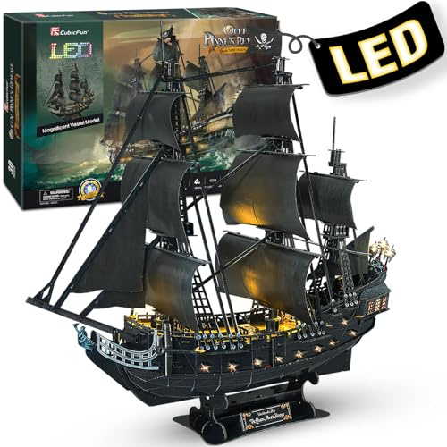 CubicFun 3D Puzzles for Adults - Led Pirate Ship Queen Anne's Revenge - Large 27'' Sailboat Puzzles - Desk Decor, Anniversary Teacher Appreciation Gifts High School Graduation Gifts