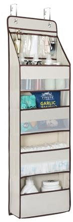 KEEGH Over The Door Organiser Over Door Hanging Storage 4 Large Compartments with Window 3 Clear Pockets Foldable Hanging Storage For Diaper, Towels And Toys. Beige