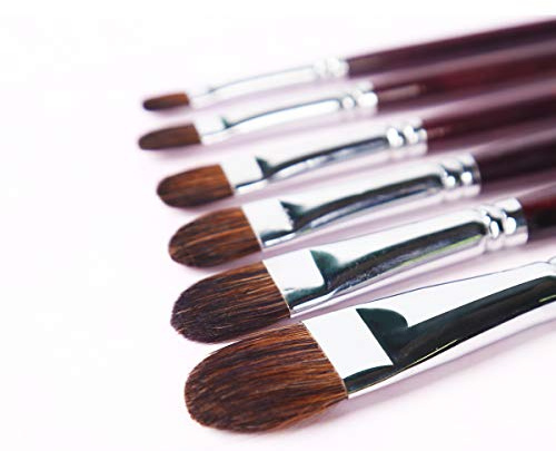 Transon Red Sable Filbert Paint Brushes 6pcs for Watercolor, Acrylic, Oil, Tempera and Gouache Painting