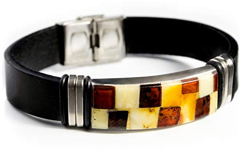 Baltic Amber Jewelry for Women, Men, Unisex - Handmade Baltic Amber Bracelet with Leatherette Band, Stainless Steel Clasp - ideal for 7.4 in Wrist Size, Adjustable