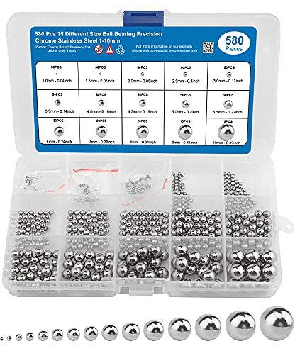 MMOBIEL 580 rodamientos de bolas de acero inoxidable cromado de 15 tamaños diferentes de 1 a 10 mm para reparación de bicicletas, monopatines, motocicletas, cajones, puertas