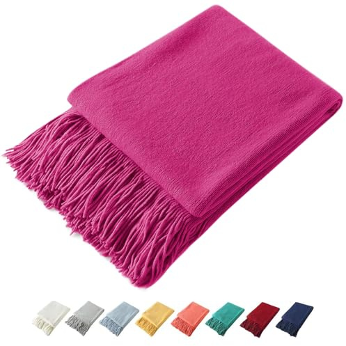 Homiest Coperta decorativa lavorata a maglia con frange, leggera in acrilico, morbida e accogliente coperta con nappe, per divano, letto, fucsia, 127 x 152,4 cm