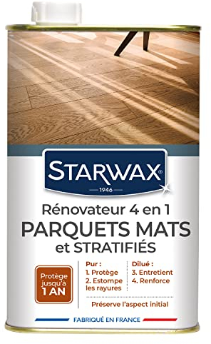 STARWAX - Rénovateur 4 en 1 Parquets Mats, Stratifiés et Bruts Neufs - Protège, Estompe les Rayures, Entretient et Renforce - Préserve l'Aspect Initial - Fabriqué en France - 900ML - Jusqu'à 30m²