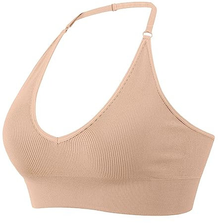Neckholder Sport BH Rückenfrei Fitness Bustier Damen Gepolstert Push Up BH Ohne Bügel Sport BH Top Yoga Bra Mittlerer Halt Workout, Bustiers rückenfrei, tiefer V-Ausschnitt, Sport-Bustier, (Beige, M)