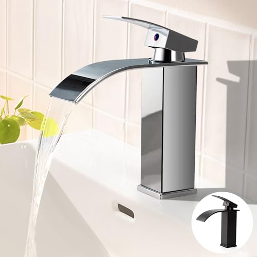 Grifo Lavabo Cascada Grifo de Lavabo Baño Grifo Monomando Lavabo Moderno Grifo de Baño Cascada Mezclador de Lavabo Agua Fría y Caliente Disponibles(Cromo)