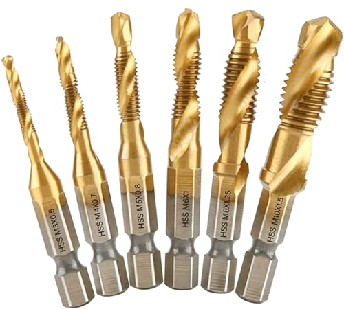 6Pcs HSS Metall 1/4 Bohrer Gewindebohrer Set, M3 M4 M5 M6 M8 M10 Metrisches Gewinde Spiralschrauben Gewindeschneider, Gewindeschneiden Verschiedener Gewinde Sechskantschaft Titanbeschichtet Kombiset