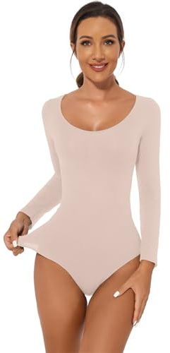 Becotal Body Shaper Shapewear för kvinnor, långärmad, rund hals, sömlös, Beige., L
