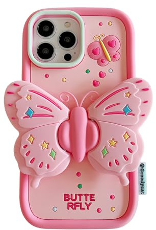 QoKcoahn Fodral för iPhone 16, sött, kawaii, 3D-telefonfodral, rolig fjäril, stativ, tecknat skydd, mjuk silikongel, droppskydd, för iPhone 16