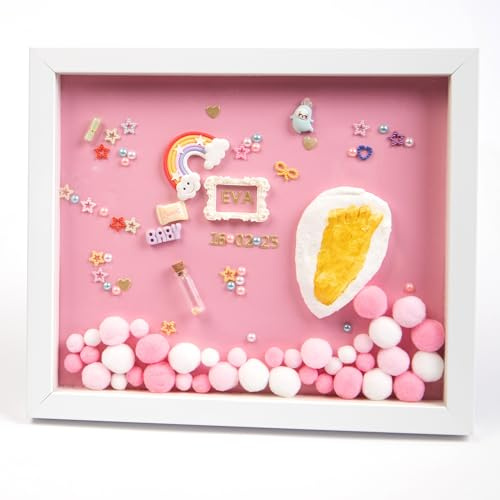 Marco Huella Bebé Recuerdo Nacimiento Personalizado Kit Arcilla Pintura Adhesivos Decorativos Rosa Azul Caja Regalo Baby Shower Manualidad Original Recién Nacido Sin Hornear Fácil de Usar (Rosa)