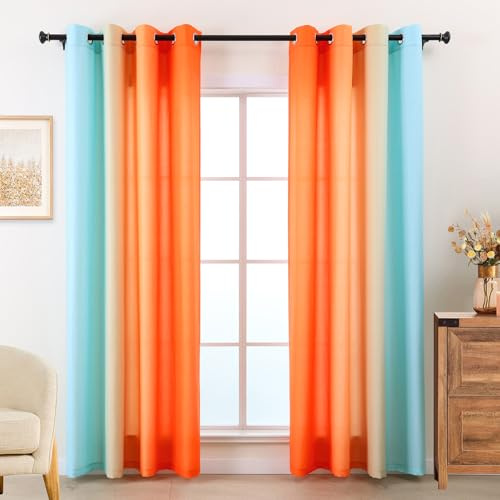 L.Z.E Gardinen Vorhänge Blau Orange, 175 cm Lang Sichtschutz Lichtdurchlässig Gardine Vorhang für Wohnzimmer Schlafzimmer Kinderzimmer, 2er Set Farbverlauf Mikrofaser Schals (LZE2219E-BO175)