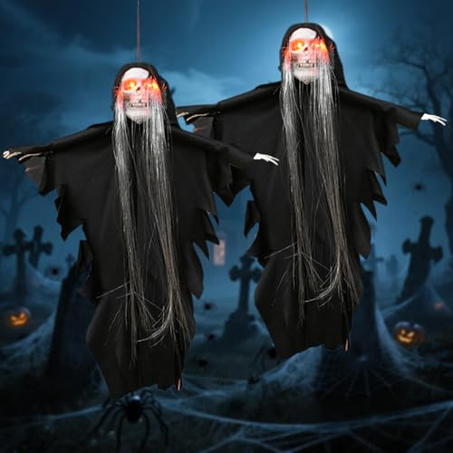 2 stycken halloween dekoration utomhus skelett, 35 x 30 cm halloween dekoration hängande, skräck hängande spöken dekoration med LED lysande röda ögon och läskiga ljud, skräckdekoration rekvisita för