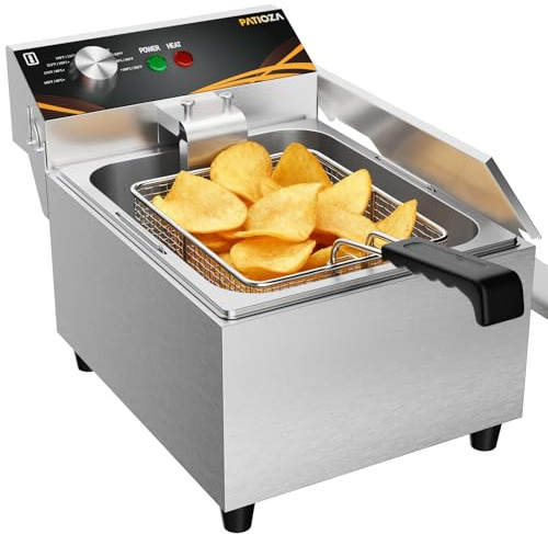PATIOZA 6L Commercial Deep Fat Fryer, 3000W Stainless Steel Electric Chip Fryer with Basket & Lid, Adjustable Temperature 60-200°C Fast Heating Easy Clean Deep Fryer for Restaurant Cafe Use