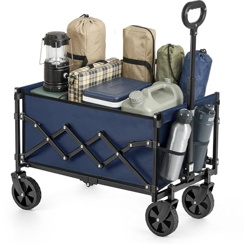 SONGMICS Liten handkärra hopfällbar, trädgårdsvagn, kompakt, med handtag, med 4 förstärkta hjul, varav 2 universalhjul, lastbar upp till 180 kg, utomhus, trädgård, 90 L, midnattsblå GFW909QE01