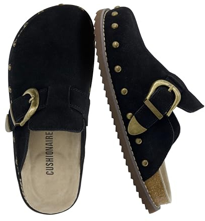 CUSHIONAIRE Bronco Slip On Mule Womens Shoes – Genuine Suede Leather Clogs with Adjustable Buckle and Studded Detailing, Stylish Fall Shoes for Women
