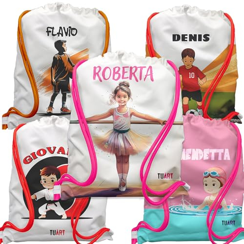 Sacca Borsa Personalizzata con Nome e Sport Vari: Basket, Calcio, Nuoto, Danza, Pattinaggio, Arti Marziali, Studiata per i Bambini con Tasca Interna e Tessuto Super Resistente, con Cordini Abbinati