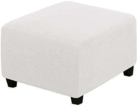 JinweiS Super Stretch Soft Ottoman Cover with Elastic Band Footrest Sofa Slipcover Folding Storage Stool Furniture Protector for Square and Rectangle Ottoman (White, Large)