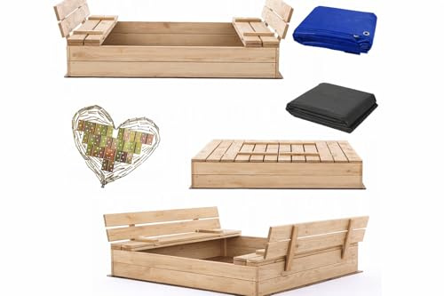Bac à sable avec banc 120 x 120 cm, toit, bois naturel, bac à sable pour enfants, aire de jeux de qualité supérieure