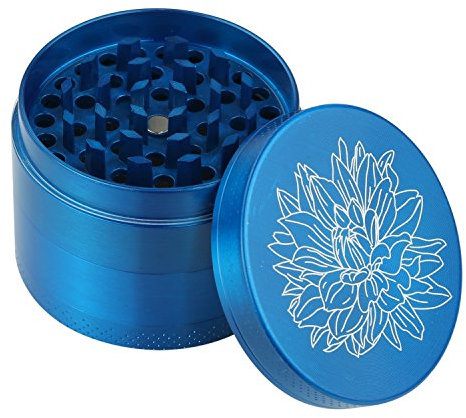 DCOU Zink-Legierung Presse mühle mit Siebgrinder robuste Zamak-Legierung Mahler Quetsche Gewürze Schleifer Ø55mm 4-teilig (Blau)