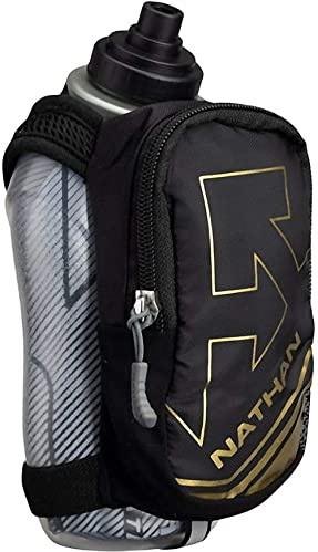 Nathan SpeedDraw Plus Insulated Flask, Handheld Running Water Bottle. Grip Free for Runners, Hiking etc. (Black/Metallic Gold)