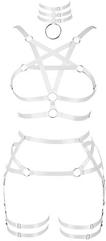 BBOHSS - Body Harness con cintura, reggicalze e pentagramma sul petto, punk, gotico, adatto per Halloween e carnevale, elastico, bianco, Taglia unica