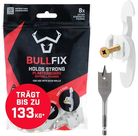 Bullfix Kit Extra Cheville Placo Charge Lourde 133kg Façon Cheville Molly, Kit d'Ancrage avec Vis Placo pour Murs en Plaque de Platre Creux, Cloisons Sèches, Murs à Colombage - Pack Démarrage de 8